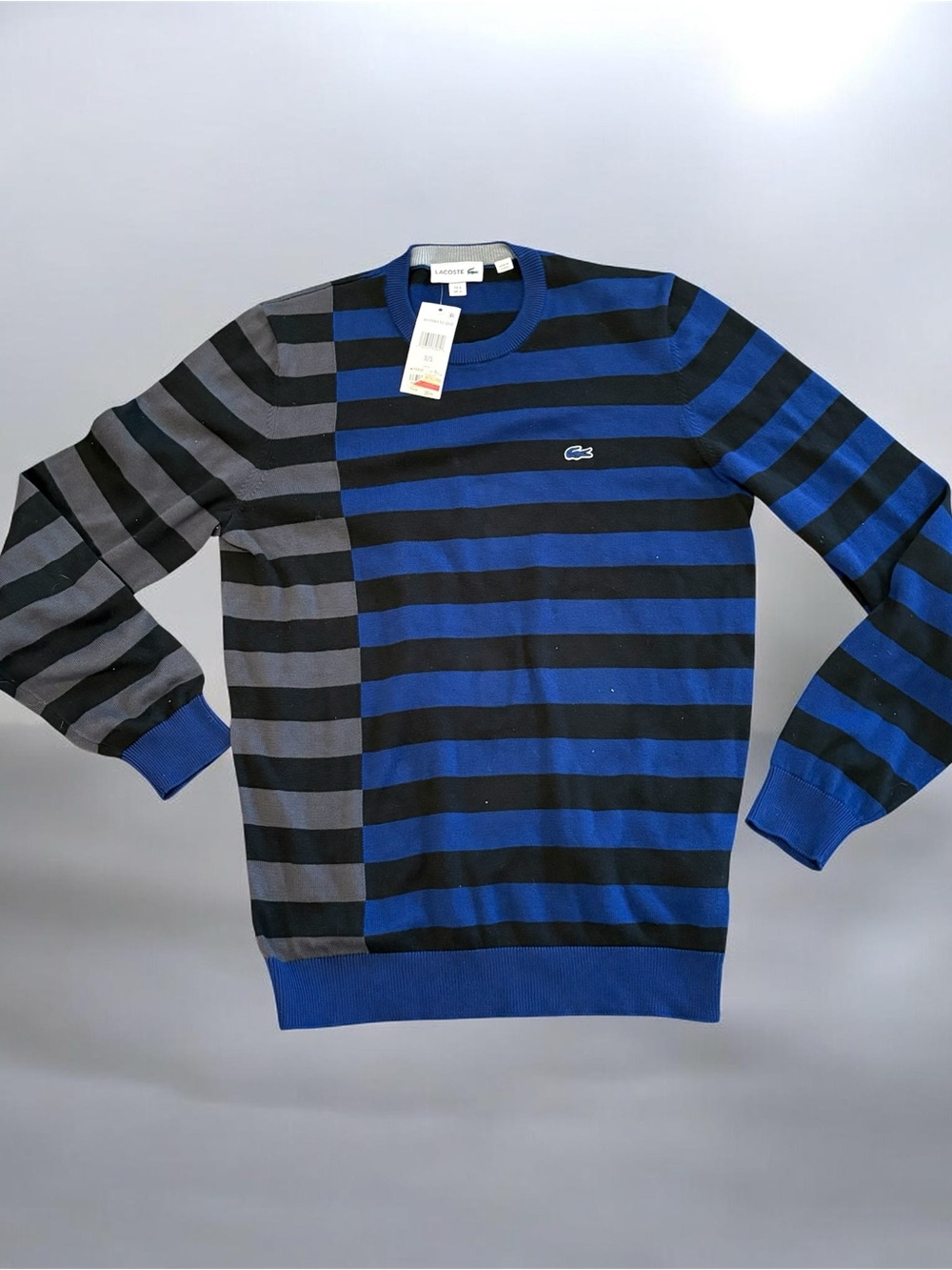 Lacoste Men's Two-Tone Blue and Gray Striped Crewneck Sweater